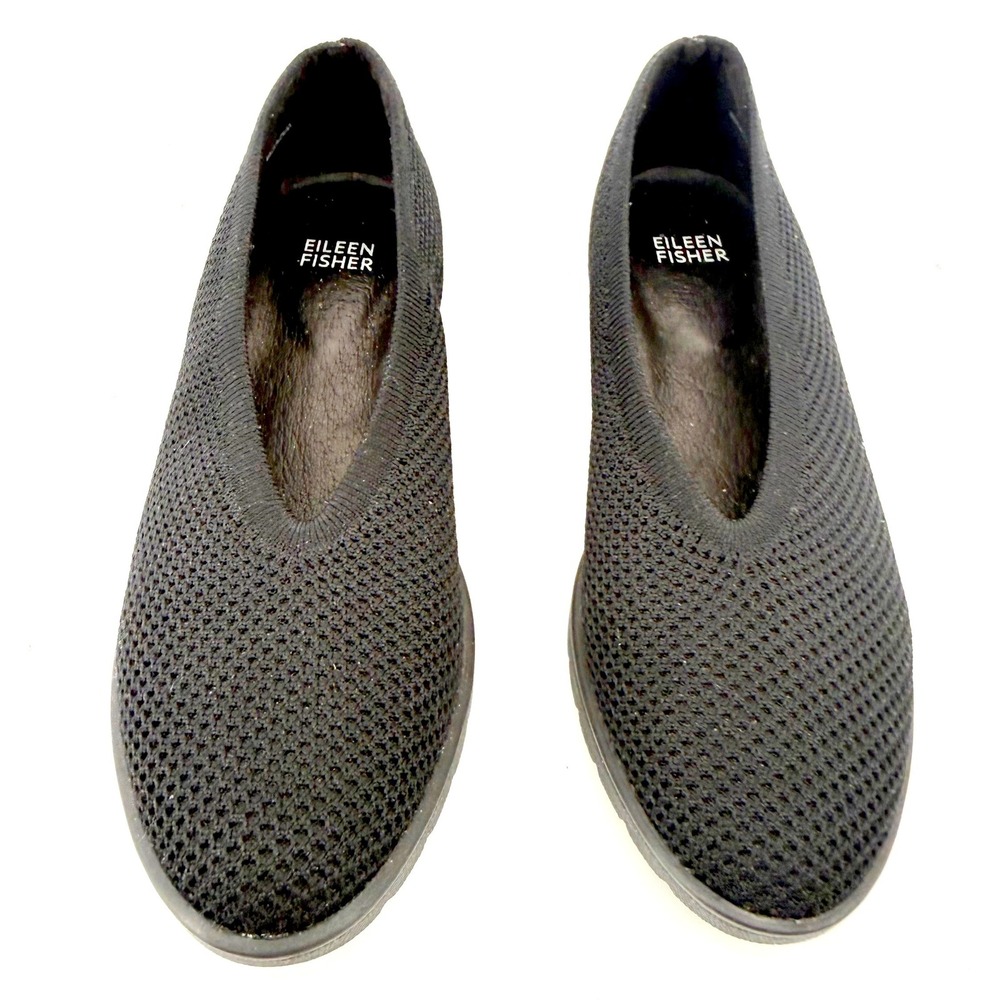 Eileen Fisher Knit Loafers Womens 7.5 Black New Stretch V-Neck Flats Comfort - Picture 4 of 8